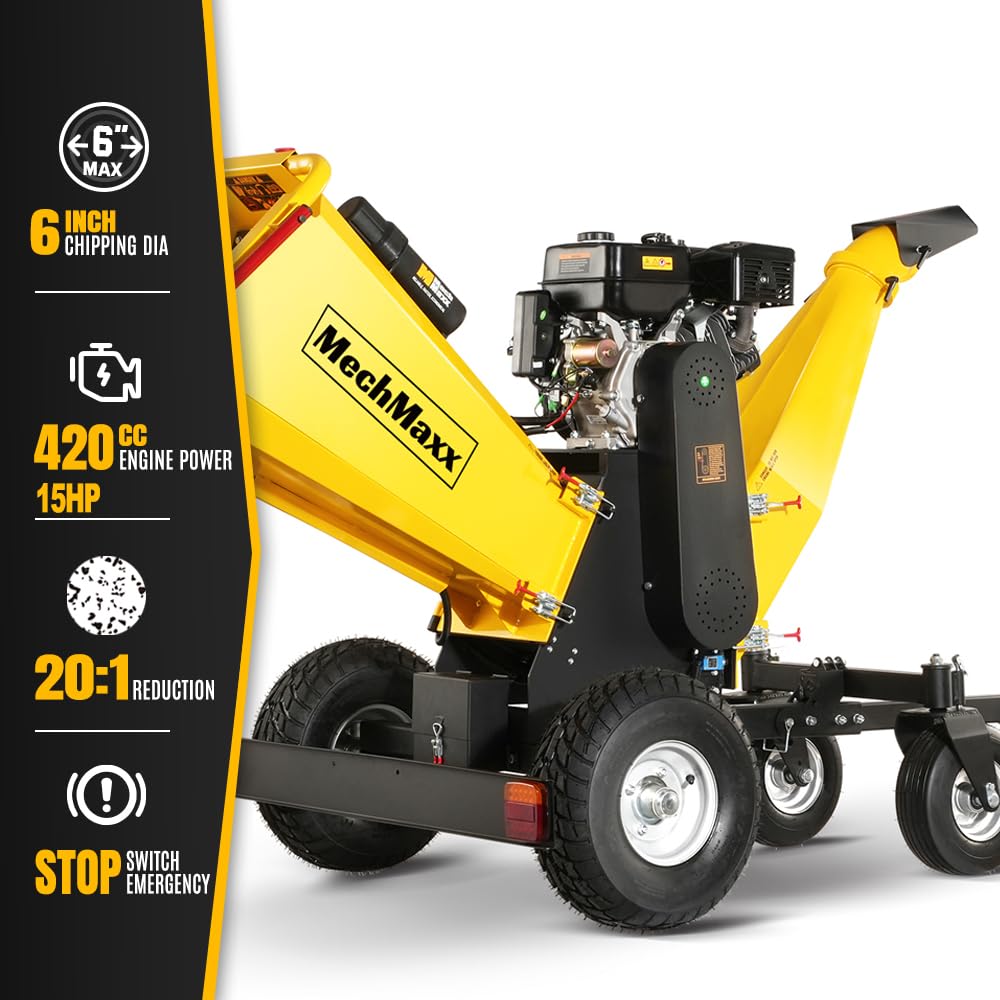 MechMaxx 6'' Inch 420cc 15hp E-Start Gas Powered 4-Wheels Wood Chipper Shredder Mulcher with Towbar/Tail Light/Emergency Stop Button/Stop Bar,Model B150 Yellow