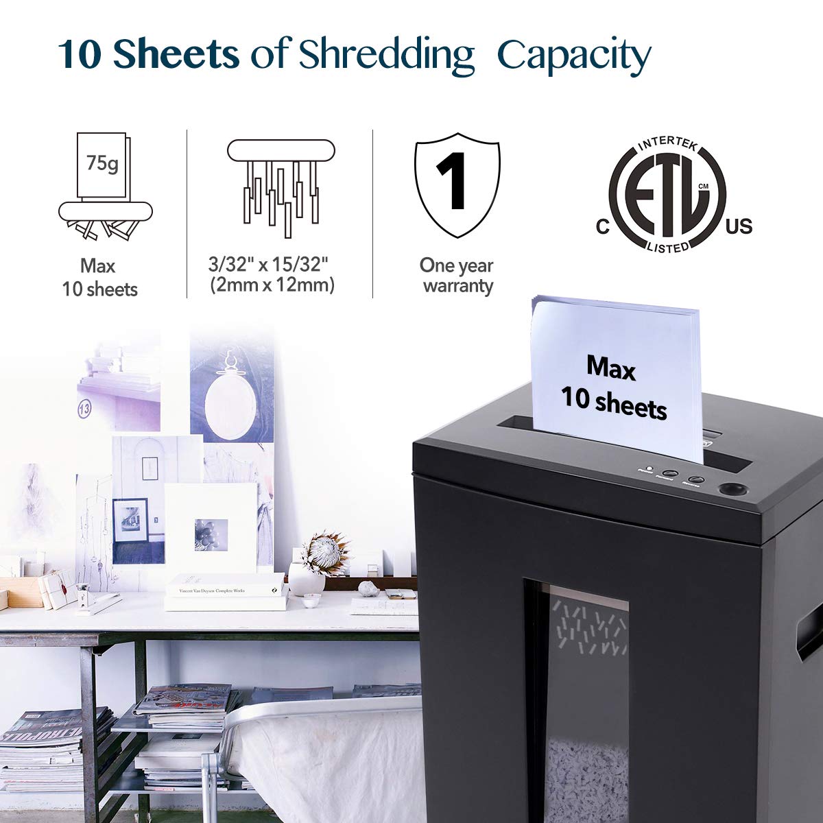 WOLVERINE 10-Sheet Super Micro Cut High Security Level P-5 Heavy Duty Paper/CD/Card Ultra Quiet Shredder for Home Office by 60 Mins Running Time and 6 Gallons Pullout Waste Bin SD9112 (Black ETL)