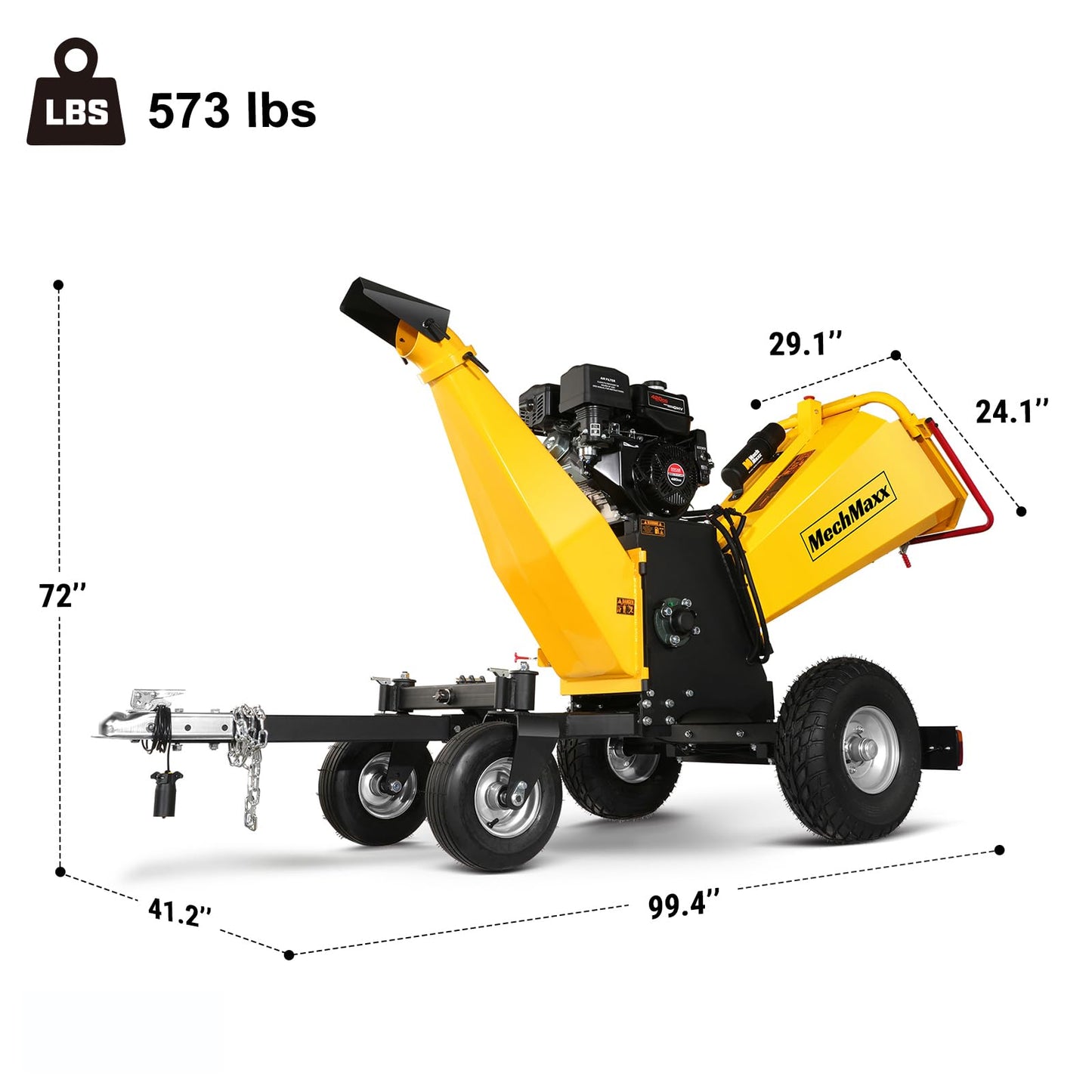 MechMaxx 6'' Inch 420cc 15hp E-Start Gas Powered 4-Wheels Wood Chipper Shredder Mulcher with Towbar/Tail Light/Emergency Stop Button/Stop Bar,Model B150 Yellow