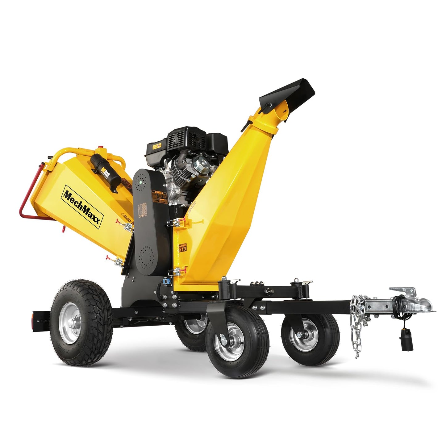 MechMaxx 6'' Inch 420cc 15hp E-Start Gas Powered 4-Wheels Wood Chipper Shredder Mulcher with Towbar/Tail Light/Emergency Stop Button/Stop Bar,Model B150 Yellow