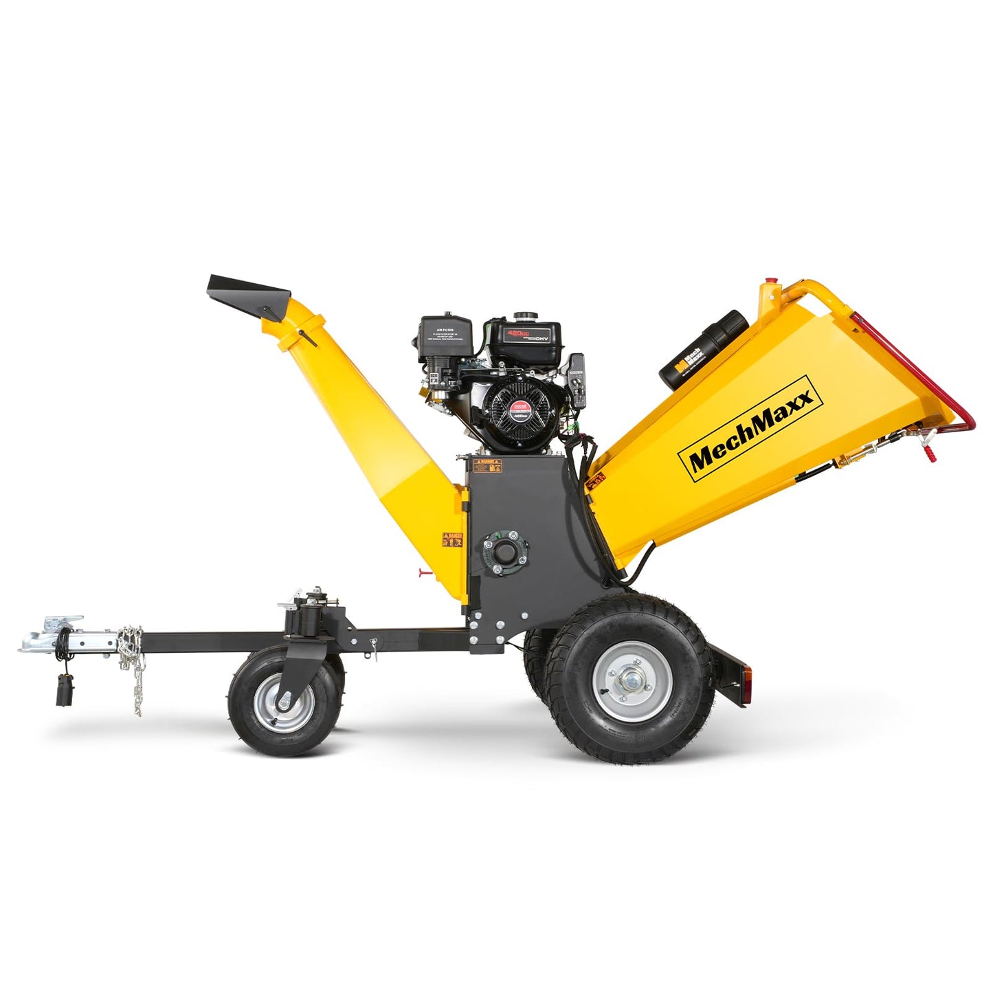 MechMaxx 6'' Inch 420cc 15hp E-Start Gas Powered 4-Wheels Wood Chipper Shredder Mulcher with Towbar/Tail Light/Emergency Stop Button/Stop Bar,Model B150 Yellow