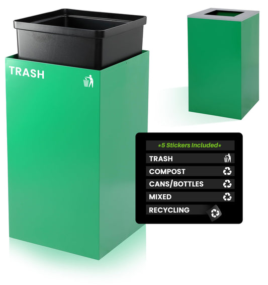 Alpine Commercial Indoor Recycle Bin - 29 Gallon Modern Looking Green Recycle Bin, Office Recycling Bins, Metal Trash and Recycling Container with Stickers & 3 Optional Lids (lid Sold Separately)