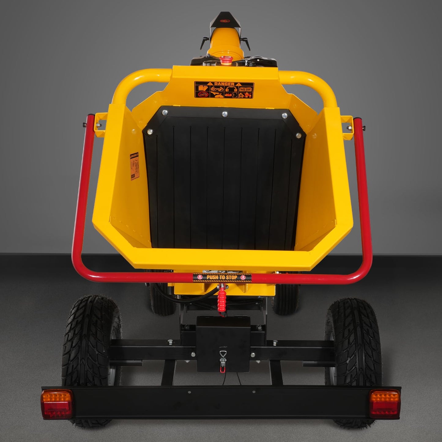 MechMaxx 6'' Inch 420cc 15hp E-Start Gas Powered 4-Wheels Wood Chipper Shredder Mulcher with Towbar/Tail Light/Emergency Stop Button/Stop Bar,Model B150 Yellow