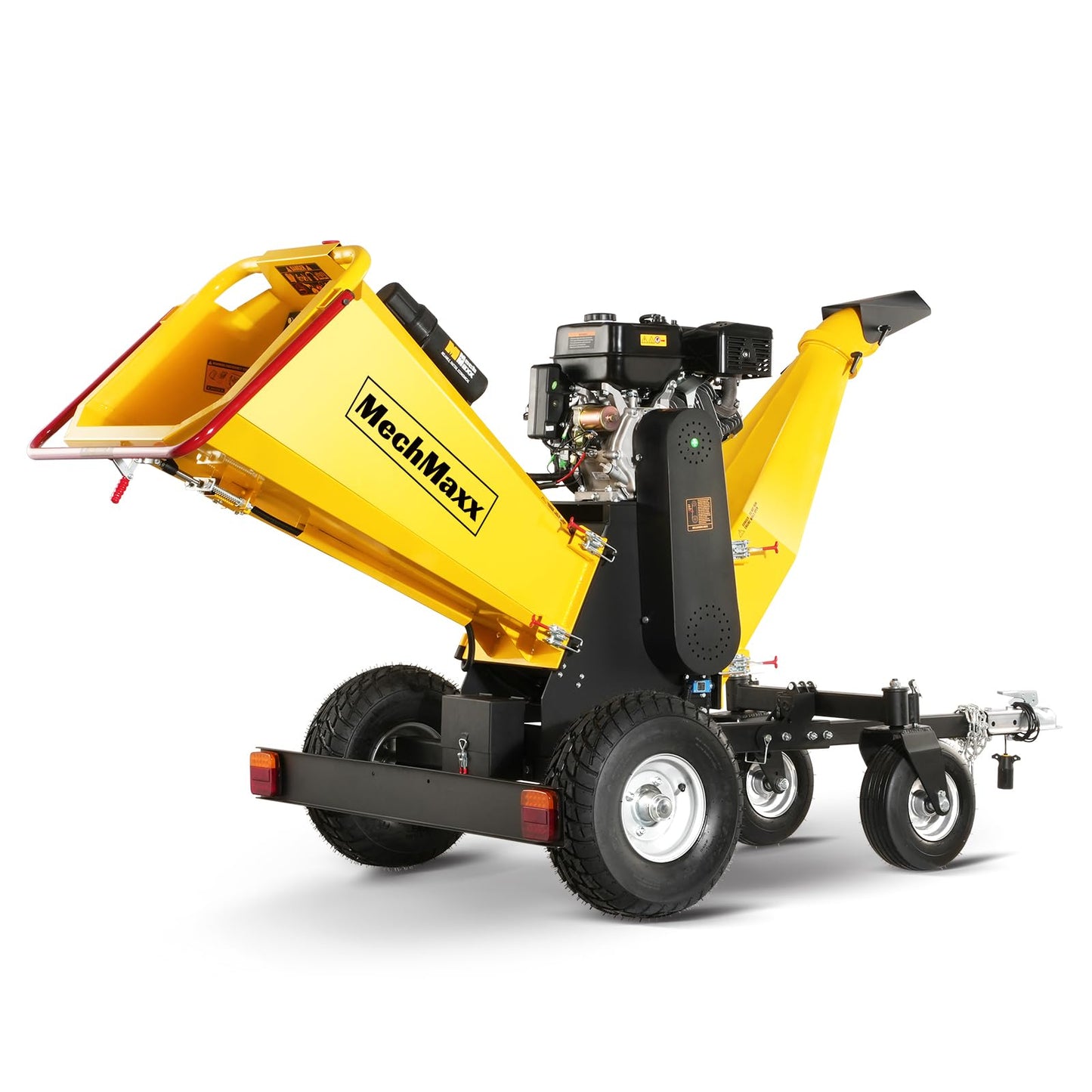 MechMaxx 6'' Inch 420cc 15hp E-Start Gas Powered 4-Wheels Wood Chipper Shredder Mulcher with Towbar/Tail Light/Emergency Stop Button/Stop Bar,Model B150 Yellow