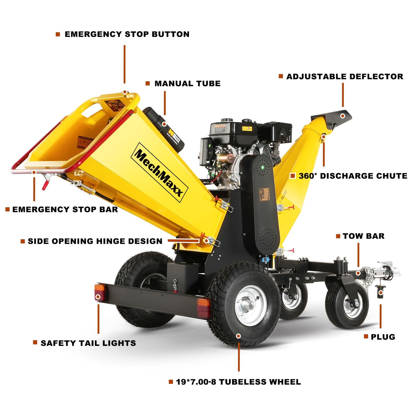 MechMaxx 6'' Inch 420cc 15hp E-Start Gas Powered 4-Wheels Wood Chipper Shredder Mulcher with Towbar/Tail Light/Emergency Stop Button/Stop Bar,Model B150 Yellow