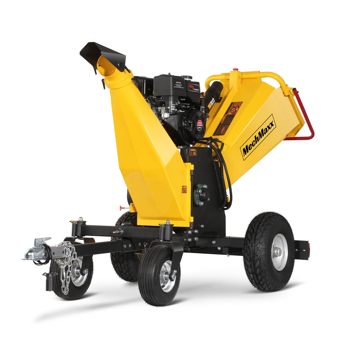 MechMaxx 6'' Inch 420cc 15hp E-Start Gas Powered 4-Wheels Wood Chipper Shredder Mulcher with Towbar/Tail Light/Emergency Stop Button/Stop Bar,Model B150 Yellow