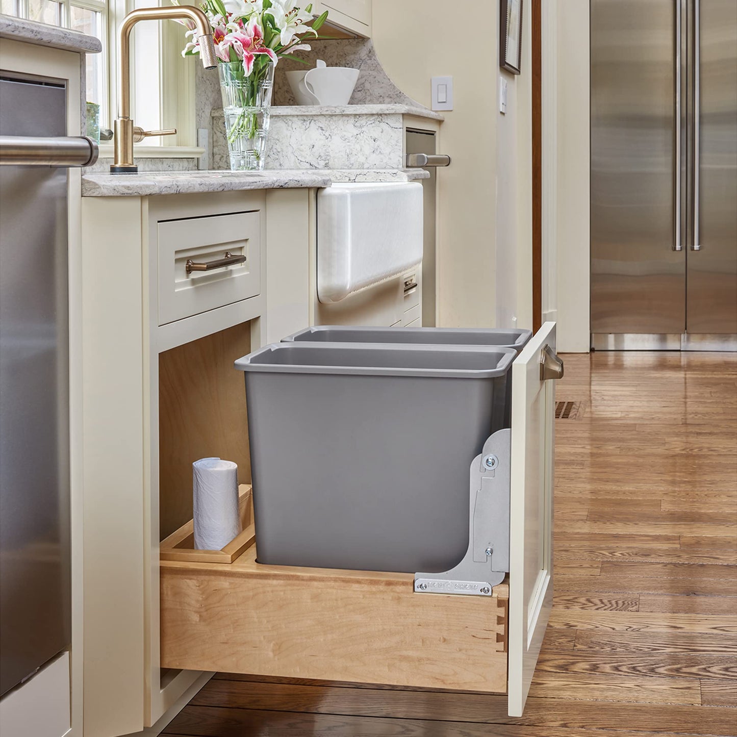 Rev-A-Shelf Double 35 Quart Pull Out Under Cabinet Trash Can with Soft Open & Close Slide System, Metallic Silver, Maple Wood Bottom 4WCBM-18DM-2